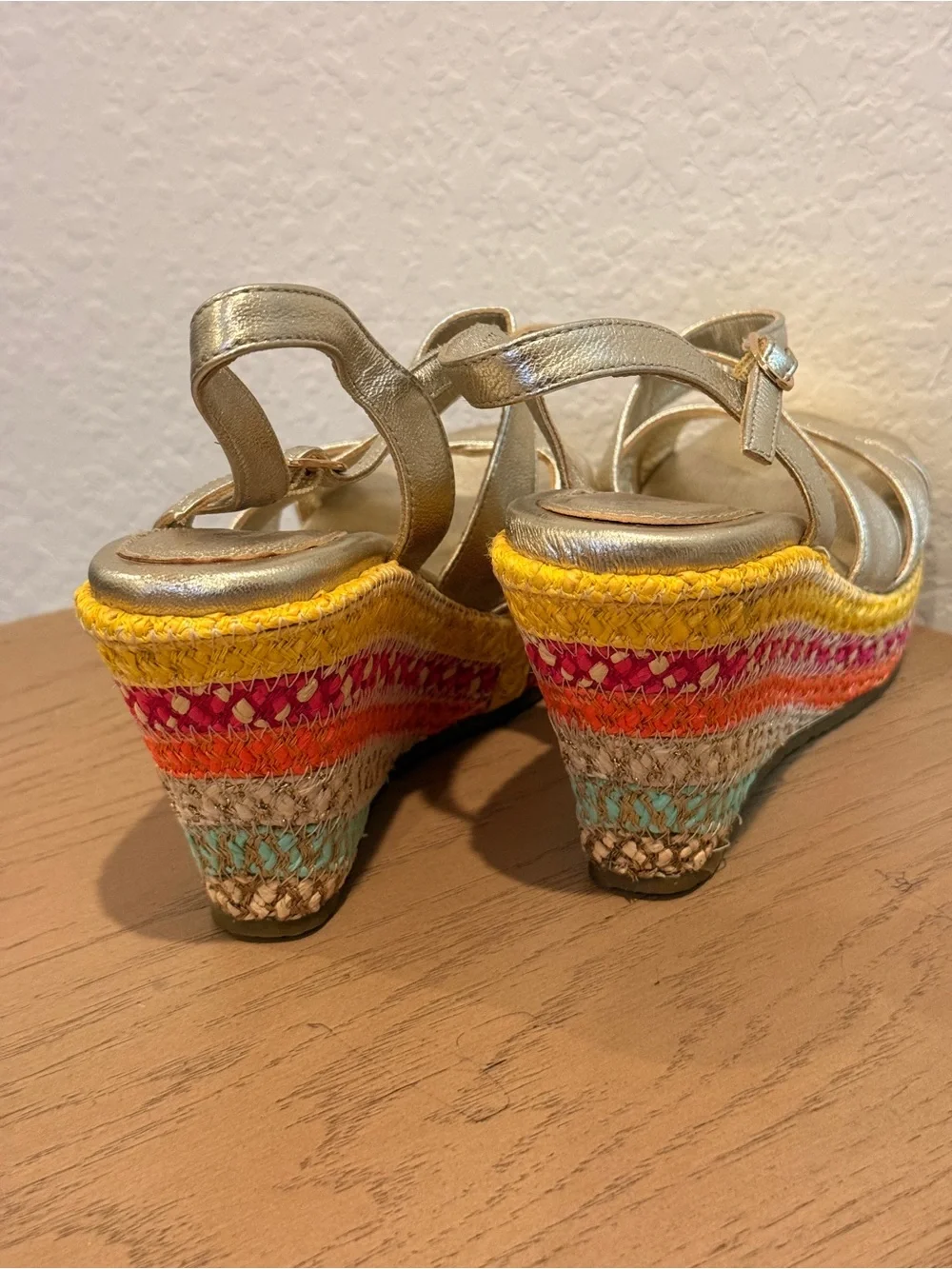 Eric Javits Metallic Gold Strappy Wedge Sandals with Colorful Espadrille Heel